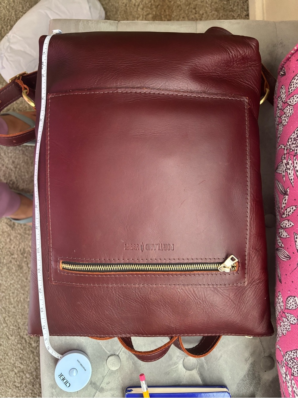 Thin, lightweight Portland Leather Burgundy backpack  with Gold Hardware
